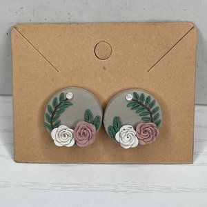 Ceramic White & Dusty Pink Rose Stud Earrings